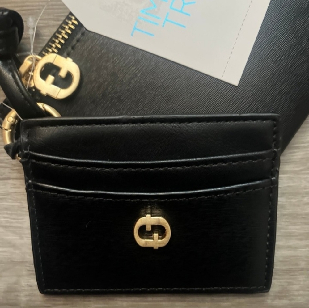 Black Vegan Leather Wristlet And Card Holder with Gold Logo 2 Piece Set NWT